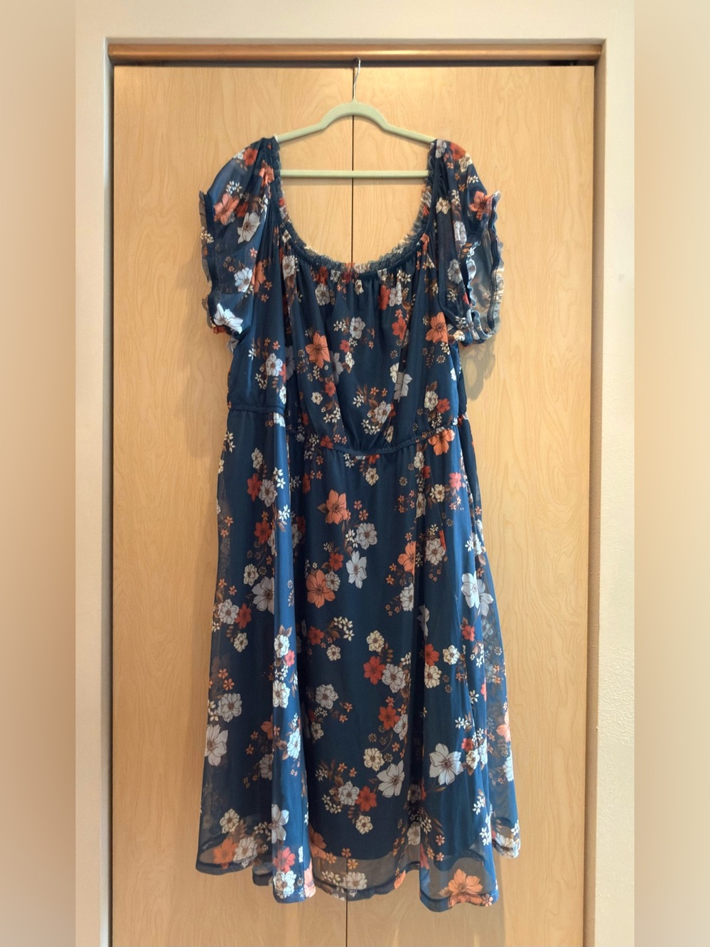 Torrid navy and orange floral off the shoulder maxi dress, sz 5